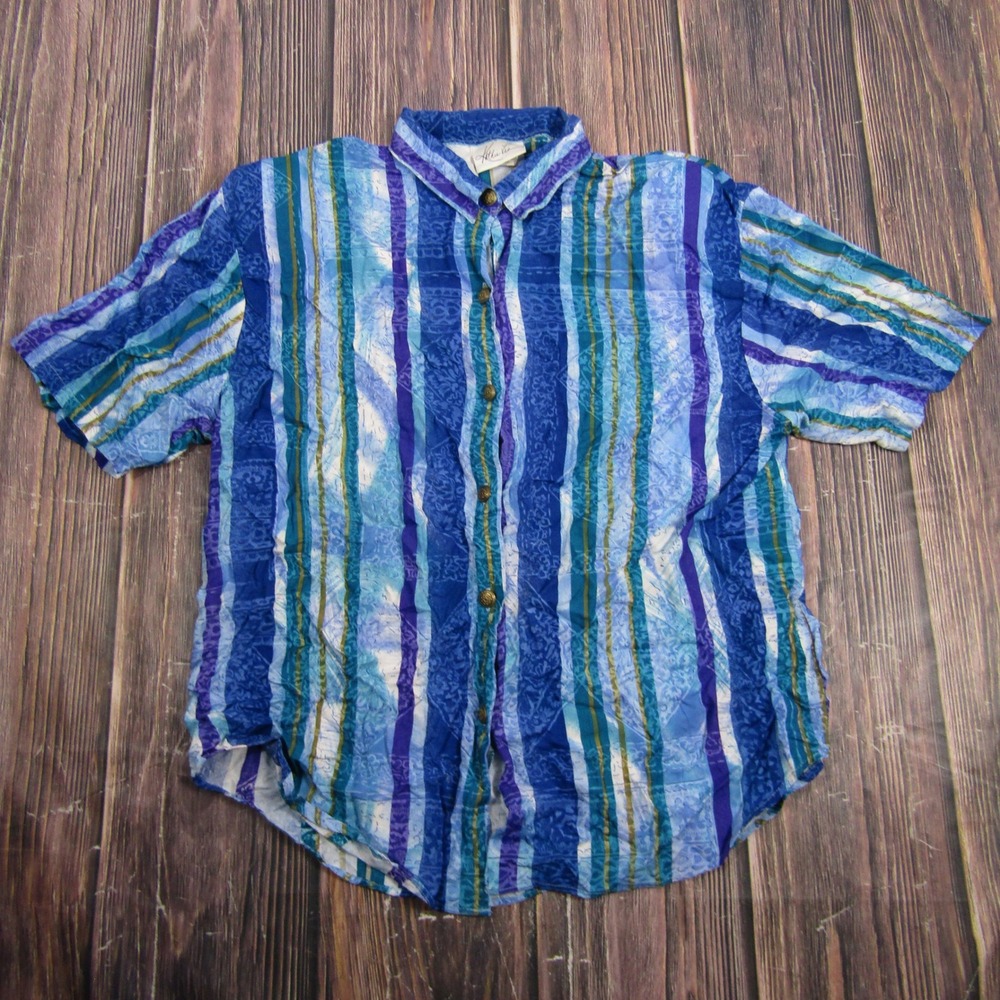 Kathie Lee Button Down Shirt Womens 14 Blue Purple Striped Short Sleeve Granny